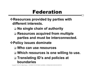 Copyright © 1995-2012 Clifford Neuman - UNIVERSITY OF SOUTHERN CALIFORNIA - INFORMATION SCIENCES INSTITUTE
Federation
Resources provided by parties with
different interests.
 No single chain of authority
 Resources acquired from multiple
parties and must be interconnected.
Policy issues dominate
 Who can use resources
 Which resources is one willing to use.
 Translating ID’s and policies at
boundaries
 