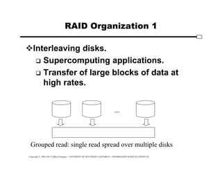 Copyright © 1995-2012 Clifford Neuman - UNIVERSITY OF SOUTHERN CALIFORNIA - INFORMATION SCIENCES INSTITUTE
RAID Organization 1
Interleaving disks.
 Supercomputing applications.
 Transfer of large blocks of data at
high rates.
...
Grouped read: single read spread over multiple disks
 