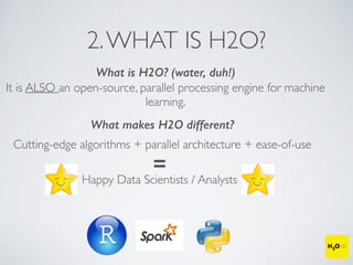 2.WHAT IS H2O?
What is H2O? (water, duh!)
It is ALSO an open-source, parallel processing engine for machine
learning.
What makes H2O different?
Cutting-edge algorithms + parallel architecture + ease-of-use
=
Happy Data Scientists / Analysts
 