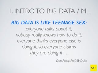 1. INTROTO BIG DATA / ML
BIG DATA IS LIKE TEENAGE SEX:
everyone talks about it,
nobody really knows how to do it,
everyone thinks everyone else is
doing it, so everyone claims
they are doing it…
Dan Ariely, Prof. @ Duke
 