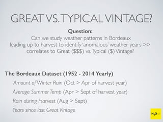 GREATVS.TYPICALVINTAGE?
Question:
Can we study weather patterns in Bordeaux
leading up to harvest to identify ‘anomalous’ weather years >>
correlates to Great ($$$) vs.Typical ($)Vintage?
The Bordeaux Dataset (1952 - 2014 Yearly)
Amount of Winter Rain (Oct > Apr of harvest year)
Average Summer Temp (Apr > Sept of harvest year)
Rain during Harvest (Aug > Sept)
Years since last Great Vintage
 