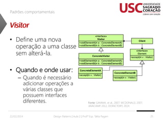 Padrões comportamentais

• Define uma nova
operação a uma classe
sem alterá-la.
• Quando e onde usar:
– Quando é necessário
adicionar operações a
várias classes que
possuem interfaces
diferentes.
22/02/2014

Fonte: GAMMA, et al., 2007; MCDONALD, 2007;
JAVACAMP 2012, DOFACTORY, 2014.
,

Design Patterns | Aula 2 | Prof.ª Esp. Talita Pagani

25

 