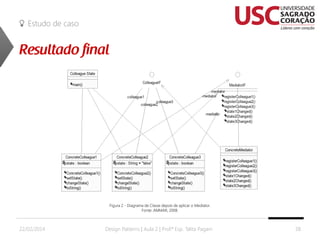 Estudo de caso

Figura 2 - Diagrama de Classe depois de aplicar o Mediator.
Fonte: AMMAR, 2008.

22/02/2014

Design Patterns | Aula 2 | Prof.ª Esp. Talita Pagani

38

 