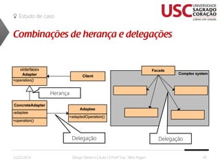 Estudo de caso

Herança

Delegação
22/02/2014

Design Patterns | Aula 2 | Prof.ª Esp. Talita Pagani

Delegação
45

 