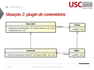 Laboratório 1

22/02/2014

Design Patterns | Aula 2 | Prof.ª Esp. Talita Pagani

52

 