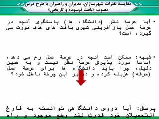 ‫مقایسة‬‫نظرات‬‫شهرسازان‬‫و‬ ‫مدیران‬ ،‫راهبران‬‫درس‬ ‫طرح‬ ‫با‬
‫مصوب‬«‫تاریخی‬ ‫و‬ ‫فرسوده‬ ‫بافت‬»
•‫آیا‬‫عرصة‬‫نظر‬(‫دانشگاه‬‫ها‬)‫پاسخگوی‬‫آنچه‬‫در‬
‫عرصة‬‫عمل‬‫بازآفرینی‬‫شهری‬‫بافت‬‫های‬‫هدف‬‫صورت‬‫می‬
،‫گیرد‬‫است؟‬
•‫شبهه‬:‫ممکن‬‫است‬‫آنچه‬‫در‬‫عرصة‬‫عمل‬‫رخ‬‫می‬،‫دهد‬
‫اساسا‬‫مورد‬‫پذیرش‬‫عرصة‬‫نظر‬‫نیست‬‫و‬‫به‬‫همین‬
،‫دلیل‬‫چرا‬‫باید‬‫دانشگاه‬‫ها‬‫برای‬‫عرصة‬‫عمل‬
(‫حرفه‬)‫هزینه‬‫کرده‬‫و‬‫درگیر‬‫این‬‫چرخة‬‫باطل‬‫شود؟‬
‫پرسش‬:‫آیا‬‫دروس‬‫دانشگاهی‬‫توانسته‬‫به‬‫فارغ‬
‫التحصیالن‬‫خود‬‫قدرت‬‫نقد‬‫وضع‬‫موجود‬‫و‬‫راه‬ 14
 