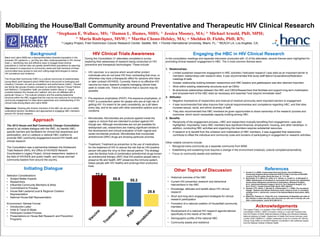 Mobilizing the House/Ball Community around Preventative and Therapeutic HIV Clinical Research
Background
Black and Latino MSM are a disproportionately impacted population in the
domestic HIV epidemic (4), yet they are often underrepresented in HIV clinical
trials (3). Identifying new and effective ways to engage these diverse
populations in clinical trials can greatly benefit these populations by assuring
that research is responsive to community needs and that members of these
communities have access to new and cutting-edge technologies to reduce
HIV prevalence and incidence.
The House Ball Community (HBC) is a cultural community of predominately
young Black (and Hispanic/Latino) MSM that is structured on belonging and
cohesion (‘Houses’) as well as competition and performance (‘balls’). ‘Houses’
are family-like groups of peers overseen by authority figures (‘House Fathers
and Mothers’). Competitive ‘balls’ are stylized modern dance or ‘vogue’
contests between the Houses and ‘walkers’ who are not affiliated with a
particular House (2). The cultural cohesion and the existing leadership
structure within the HBC suggest that this may be one resource for conducting
community engagement to raise about awareness and understanding of HIV
clinical trials among Black and Latino MSM.
Objectives: Working with diverse members of the HBC we set out to better
understand barriers, facilitators and approaches to engaging HBC members
around HIV clinical research.
Approach
The 2012 House and Ball Community Change Consultation
aimed to (a) initiate dialogue with the HBC, (b) identify HBC-
specific barriers and facilitators for clinical trial awareness and
participation, and (c) catalyze a national HBC coalition to
promote HBC community engagement around HIV health and
clinical research.
The Consultation was a partnership between the Adolescent
Trials Network (NIH), the Office of HIV/AIDS Network
Coordination’s Legacy Project, clinical researchers, leaders in
the field of HIV/AIDS and public health, and house and ball
community leaders from around the country.
Initiating Dialogue
Selection Considerations
• Subject Matter Experts
• Researchers
• Influential Community Members & Allies
• Commitment to Process
• House Ball Leaders/Local & Regional Coalition
Representation
• National House Ball Representation
Environment- Retreat Format
• Introduction Letter
• Hotel & Travel & Meals
• Participant Guided Process
• Presentations on House Ball Research and Prevention
Programs
Other Topics of Discussion
• Historical overview of the HBC
• Current HIV prevention research and behavioral
interventions in the HBC
• Knowledge, attitudes and beliefs about HIV clinical
research
• Short and long-term engagement strategies for clinical
research participation
• Formation of a national coalition of House/Ball community
members
• Development of a national HIV research agenda tailored
specifically to the needs of the HBC
• Demographic profile of the national HBC
• Community assets and resilience
HIV Clinical Trials Awareness
During the Consultation 31 attendees completed a survey
exploring their awareness of research being conducted on HIV
preventive and therapeutic technologies. These include:
• HIV vaccines: is a vaccine which would either protect
individuals who do not have HIV from contracting that virus, or
otherwise may have a therapeutic effect for persons who have
or later contract HIV/AIDS. Currently, there is no effective HIV
vaccine but many research projects managing clinical trials
seek to create one. There is evidence that a vaccine may be
possible.
• Pre-exposure prophylaxis (PrEP): Pre-exposure prophylaxis, or
PrEP, is a prevention option for people who are at high risk of
getting HIV. It’s meant to be used consistently, as a pill taken
every day, and to be used with other prevention options such as
condoms.
• Microbicides: Microbicides are products applied inside the
vagina or rectum that are intended to protect against HIV
though sex. Although microbicides are not yet available for
widespread use, researchers are making significant strides in
the development and clinical evaluation of both vaginal and
rectal microbicide products. Microbicides that incorporate
antiretroviral (ARV) drugs are showing particular promise.
• Treatment: Treatment as prevention is the use of medications
for the treatment of HIV to reduce the risk that an HIV-positive
person will pass the virus to their sexual partner. The strategy
uses the familiar tools of combination antiretroviral drugs known
as antiretroviral therapy (ART) that HIV-positive people take to
preserve life and health. ART preserves the immune system,
keeps people with HIV healthy and prolongs their productive
lives.
Engaging the HBC in HIV Clinical Research
In the consultation meetings and separate interviews conducted with 12 of the attendees, several themes were highlighted for
promoting clinical research engagement in HBC. The 3 most common themes were:
1. Relationships:
• Limited sustained researcher engagement in HBC activities (‘helicopter research’) was sited as an important barrier to
members’ relationships with research sites. It was recommended that study staff attend house/alliance/federation
meetings & balls
• Greater relationship building between researchers and HBC-leaders and gatekeepers was also deemed important.
• Work within existing relationship structures such as CBOs
• Bi-directional relationships between the HBC and CBOs/Researchers that facilitate and support long-term mobilization
and empowerment of the HBC sited as necessary and essential “look beyond immediate need”
2. Attitudes:
• Negative impressions of researchers and mistrust of medical community were important barriers to engagement
• It was recommended that sites improve their cultural responsiveness and competence regarding HBC, and that sites
increase sexual, racial, and ethnic diversity of staff.
• They also recommended that HBC members be given opportunities to share ownership of the research process and
outcomes, which would necessitate capacity building among HBC.
3. Benefits
• Reciprocity of the engagement process—HBC and researchers mutually benefiting from engagement—was also
highlighted. Importantly, many HBC members face significant financial, employment, housing, and other hardships. In
addition, conducting HBC activities and organizing the members requires substantial resources.
• If research is to benefit from the cohesion and mobilization of HBC members, it was suggested that researchers
contribute to offset the individual and community costs and burdens of participating in engagement or research activities.
Other notable concerns include:
• Recognize trans-community as a separate community from MSM
• Establishing and sustaining trust requires a change in the environment (medical); cultural competence/sensitivity
• Focus on community assets and resilience
^Stephaun E. Wallace, MS; ^Damon L. Humes, MHS; ^ Jessica Mooney, MA; ^ Michael Arnold, PhD, MPH;
^ Maria Rodriquez, MSW; * Martha Chono-Helsley, MA; + Sheldon D. Fields, PhD, RN;
^ Legacy Project, Fred Hutchinson Cancer Research Center, Seattle, WA; + Florida International University, Miami, FL; * REACH LA, Los Angeles, CA;
References
1. Arnold, E. A. (2009). Constructing Home and Family: How the Ballroom
Community Supports African American GLBTQ Youth in the Face of HIV/AIDS.
Journal of Gay & Lesbian Social Services, 21, 171–188.
2. Buchbinder, S. P., Metch, B., Holte, S. E., Scheer, S., Coletti, A., & Vittinghoff, E.
(2004). Determinants of enrollment in a preventive HIV vaccine trial: hypothetical
versus actual willingness and barriers to participation. [Research Support,
N.I.H., Extramural Research Support, Non-U.S. Gov't Research Support, U.S.
Gov't, P.H.S.]. J Acquir Immune Defic Syndr, 36(1), 604-612.
3. Gorelick, P. B., Harris, Y., Burnett, B., & Bonecutter, F. J. (1998). The recruitment
triangle: Reasons why African Americans enroll, refuse to enroll, or voluntarily
withdraw from a clinical trial. Journal of the National Medical Association, 90(3),
141-145
4. Millett GA, Peterson JL, Flores SA, et al. Comparisons of disparities and risks of
HIV infection in black and other men who have sex with men in Canada, UK, and
USA: a meta-analysis. Lancet 2012;388:341-8.
72.4
58.6 55.2
28.6
Acknowledgements
The Legacy Project is a program of the Office of HIV/AIDS Network
Coordination (HANC). HANC is funded in whole or in part with Federal funds
from the Division of AIDS, National Institute of Allergy and Infectious Diseases,
National Institutes of Health, Department of Health and Human Services, grant
number 5UM1 AI068614-7, entitled Leadership Group for a Global HIV Vaccine
Clinical Trials (Office of HIV/AIDS Network Coordination) with additional support
from the National Institute of Mental Health.
 