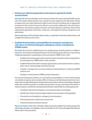 Part I V: C ritical I nfrastructure and C ybersecurity



•• Enhance our collective preparedness and response capacity for health
   security threats.
   Next Steps: We commit to develop a set of measures to reduce the impacts of shared health security
   risks. This initiative will be phased in over a period of 2 years, beginning with information sharing
   to explore how each nation determines health security risk and concluding with an appropriate
   arrangement that records measures for effective cross-border collaboration. We will enhance
   preparedness and response capacity through a risk-based approach to planning, which will be
   supported by appropriate information-, personnel-, and equipment-sharing arrangements and
   partnerships.
   Measuring Progress: DHS and Public Safety Canada, in coordination with other health partners, will
   complete this work by summer 2013.


•• Establish binational plans and capabilities for emergency management,
   with a focus on chemical, biological, radiological, nuclear, and explosives
   (CBRNE) events.
   Next Steps: We commit to establishing two new working groups to jointly improve our ability to
   prepare for and respond to binational disasters. The first working group will focus on preventing,
   mitigating, preparing for, responding to, and recovering from CBRNE events. It will:
       −− Establish joint training opportunities and share lessons learned to enhance preparedness
          for, and response to, CBRNE events in both countries;
       −− Establish bilateral information-exchange opportunities to share advancements in policies,
          plans, science and technology, and lessons learned;
       −− Establish a strategy that can enhance bilateral interoperability for conducting CBRNE
          response; and
       −− Develop a mutual assistance CBRNE concept of operations.
   The second working group will focus on cross-border interoperability as a means of harmonizing
   cross-border emergency communications efforts. It will pursue activities that promote the harmoni-
   zation of the Canadian Multi-Agency Situational Awareness System with the United States Integrated
   Public Alert and Warning System to enable sharing of alert, warning, and incident information to
   improve response coordination during binational disasters. Specifically, this working group will:
       −− Coordinate national-level emergency communications plans and strategies;
       −− Identify future trends and technologies related to communications interoperability;
       −− Promote the use of standards in emergency communications;
       −− Promote governance models and structures; and
       −− Share best practices and lessons learned.
   Measuring Progress: DOS, DHS, and Public Safety Canada will establish the working groups that
   will develop work plans and validation metrics by October 30, 2012. They will validate their bilateral
   efforts within a five-year period.

                                              ★   25 ★
 
