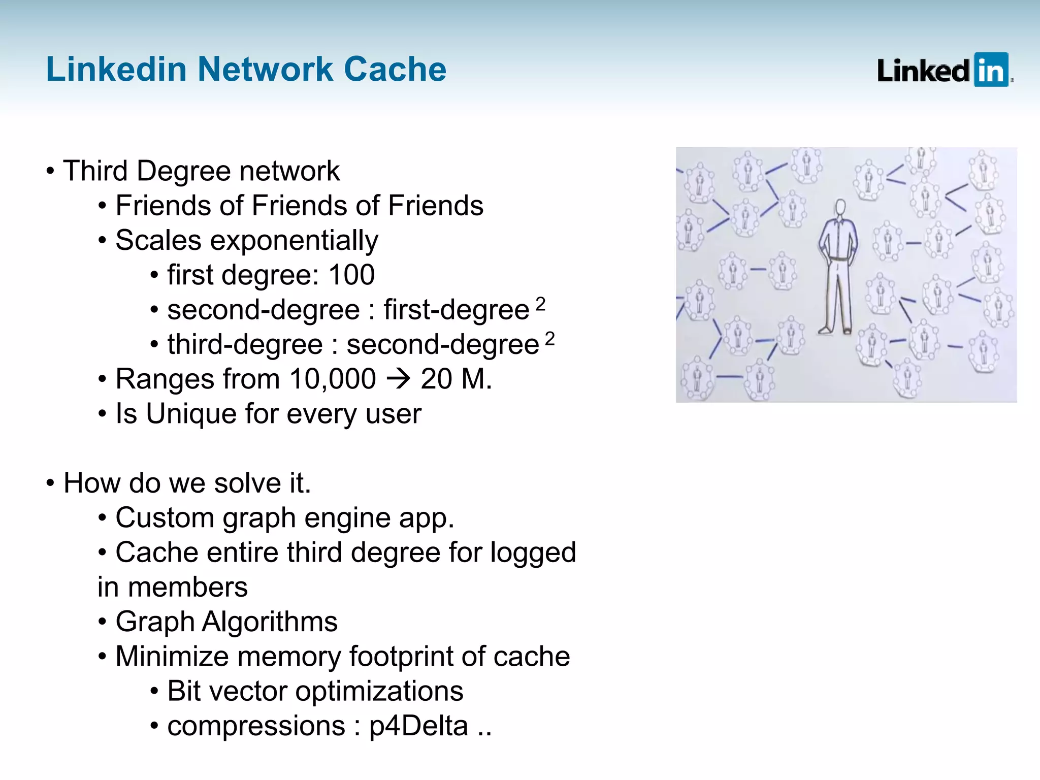 Linkedin Network Cache
• Third Degree network
• Friends of Friends of Friends
• Scales exponentially
• first degree: 100
• second-degree : first-degree 2
• third-degree : second-degree 2
• Ranges from 10,000  20 M.
• Is Unique for every user
• How do we solve it.
• Custom graph engine app.
• Cache entire third degree for logged
in members
• Graph Algorithms
• Minimize memory footprint of cache
• Bit vector optimizations
• compressions : p4Delta ..
 