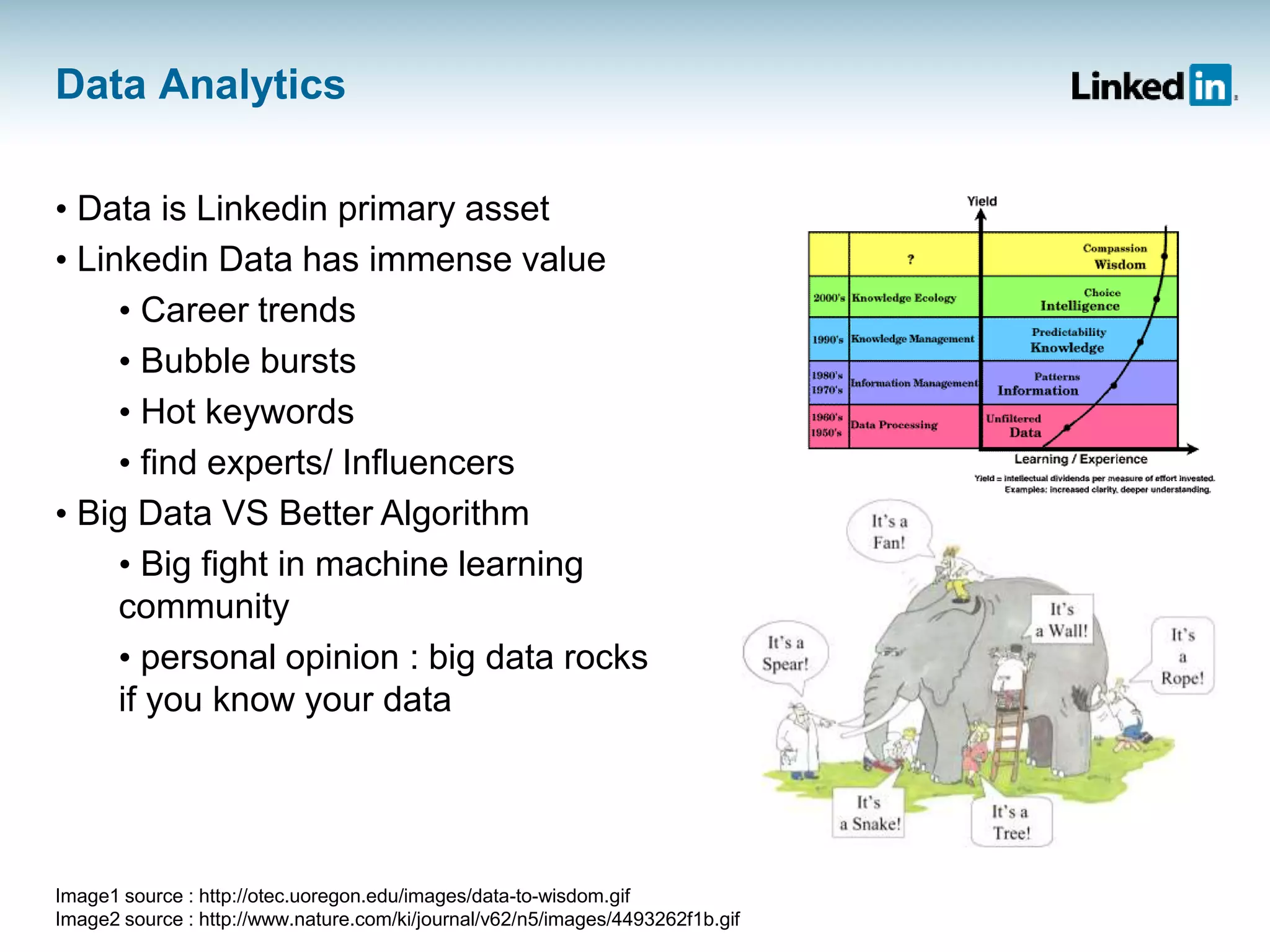 Data Analytics
• Data is Linkedin primary asset
• Linkedin Data has immense value
• Career trends
• Bubble bursts
• Hot keywords
• find experts/ Influencers
• Big Data VS Better Algorithm
• Big fight in machine learning
community
• personal opinion : big data rocks
if you know your data
Image1 source : http://otec.uoregon.edu/images/data-to-wisdom.gif
Image2 source : http://www.nature.com/ki/journal/v62/n5/images/4493262f1b.gif
 