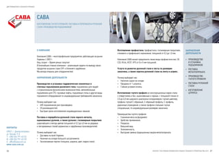 2726
ДИСТРИБЬЮТОРЫ СТАЛЬНОГО ПРОКАТА
КАТАЛОГ УЧАСТНИКОВ УКРАИНСКОГО РЫНКА СТАЛЬНОГО СТРОИТЕЛЬСТВА 2015
НАПРАВЛЕНИЯ
ДЕЯТЕЛЬНОСТИ
•	 ПРОИЗВОДСТВО
И УСТАНОВКА
ПОДЪЕМНИКОВ
•	 ПОСТАВКА
МЕТАЛЛОПРОКАТА
•	 ПРОИЗВОДСТВО
ГНУТОГО ПРОФИЛЯ
•	 ПОСТАВКА РУЛОННОЙ
СТАЛИ
•	 ИЗГОТОВЛЕНИЕ
ШТРИПСА
Изготовление профнастила, профнастила с полимерным покрытием,
стенового и профильного назначения, толщиной от 0,3 до 1,0 мм.
Компания САВА может предложить такие виды профнастила как: С8,
С20, НС44, НС57, Н75 от 0,4-5 мм толщиной.
Услуги по размотке рулонной стали в листы по размерам
заказчика, а также порезка рулонной стали на ленту и штрипс.
Почему выбирают нас:
•	 Наличии сырья на складе.
•	 Продажа от 1 штрипса.
•	 Гибкие условия оплаты.
Изготовление гнутого профиля из конструкционных марок стали,
с отверстиями и без, оцинкованные и черные, с толщиной стенки от
2,0 до 6,0 мм широкого диапазона типоразмеров: гнутый швеллер,
профиль гнутый С-образный, Z-образный профиль, Σ-профиль,
дорожные ограждения, а также профили стальные гнутые
специальные, по индивидуальным размерам заказчика.
Преимущества гнутого профиля:
•	 Снижение веса на фундамент.
•	 Удобство применения.
•	 Покраска.
•	 Внешний вид.
•	 Экономичность.
•	 Выгодная замена традиционных видов металлопроката.
САВА
ИЗГОТОВЛЕНИЕ ГНУТОГО ПРОФИЛЯ, ПОСТАВКА И ПЕРЕРАБОТКА РУЛОННОЙ
СТАЛИ, ПРОИЗВОДСТВО ПОДЪЕМНИКОВ
О КОМПАНИИ
Компания САВА – многопрофильное предприятие, работающее на рынке
Украины с 2002 г.
Наш лозунг – Время умных покупок!
В ближайших планах компании – реализация задачи по выводу своих
продуктов на рынки стран СНГ и ближнего зарубежья.
Мы всегда открыты для сотрудничества!
НАПРАВЛЕНИЯ ДЕЯТЕЛЬНОСТИ
Производство и установка гидравлических ножничных и
стоечных подъемников различного типа: подъемники для людей
с ограниченными физическими возможностями, автомобильные
подъемники для СТО, грузовые лифты, подъемные столы и другие виды
подъемного оборудования по индивидуальным требованиям заказчика.
Почему выбирают нас:
•	 400 подъемников уже произведено.
•	 20 разновидностей.
•	 Быстрые сроки изготовления индивидуальных заказов.
Поставка и переработка рулонной стали черного металла,
оцинкованных рулонов, а также рулонов с полимерным покрытием
широчайшего спектра цветов толщиной от 0,3 до 6,0 мм из рядовых
и легированных сталей украинских и зарубежных производителей.
Почему выбирают нас:
•	 Доставка по всей Украине.
•	 Наличие на складе большого ассортимента.
•	 Эксклюзивные партии (толщина, ширина, цвет, марка стали).
КОНТАКТЫ
49057, г. Днепропетровск
ул. Уютная, 9-А
Т: 	+380 (56) 791-63-03
Ф.	+380 (56) 791-63-05
E: 	 office@sava.com.ua
www.sava.com.ua
 