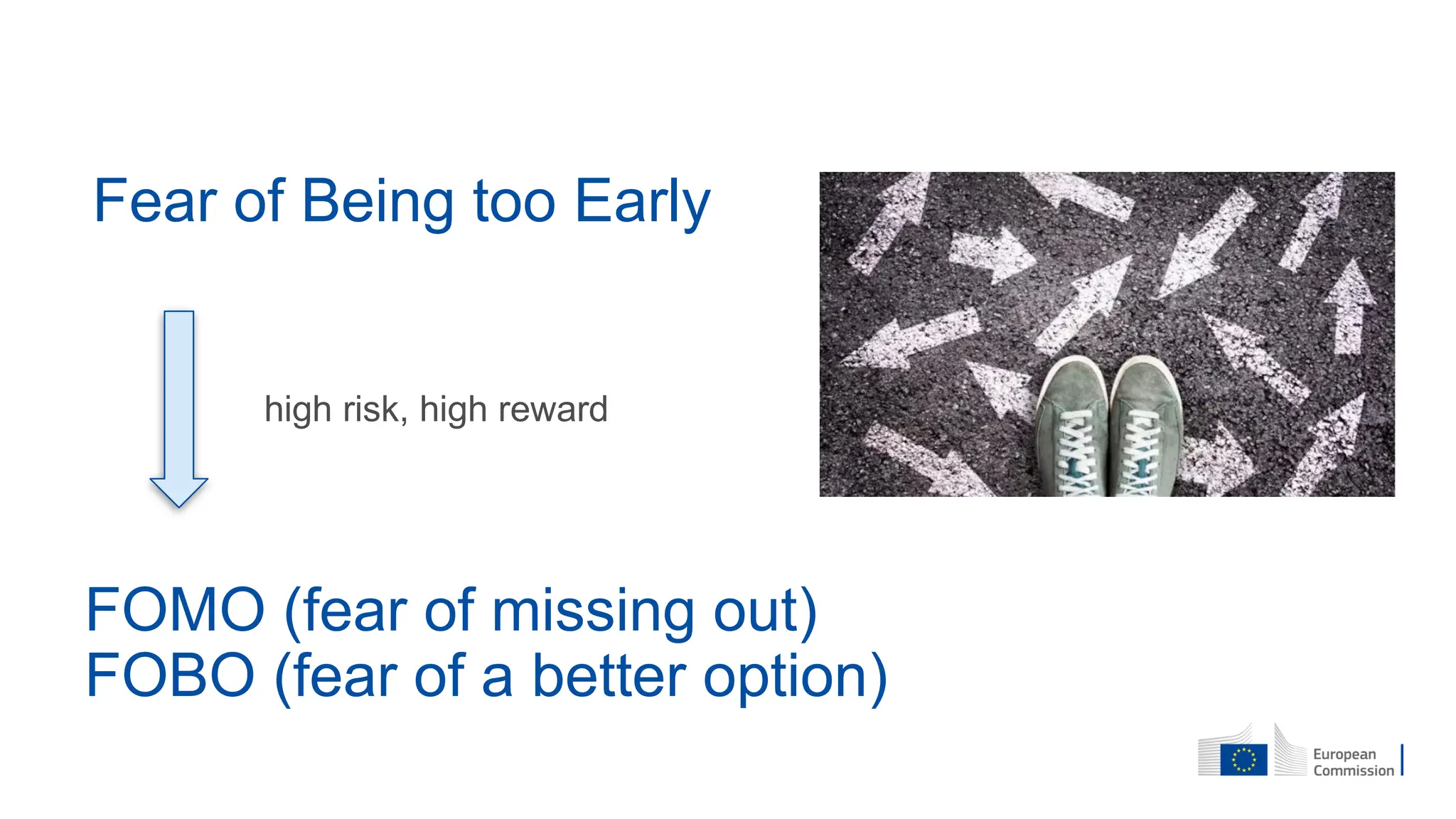 FOMO (fear of missing out)
FOBO (fear of a better option)
Fear of Being too Early
high risk, high reward
 