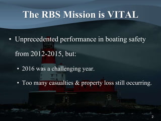 The RBS Mission is VITAL
• Unprecedented performance in boating safety
from 2012-2015, but:
• 2016 was a challenging year.
• Too many casualties & property loss still occurring.
2
 