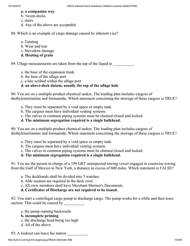 Uscg general deck questions master's license (question)`