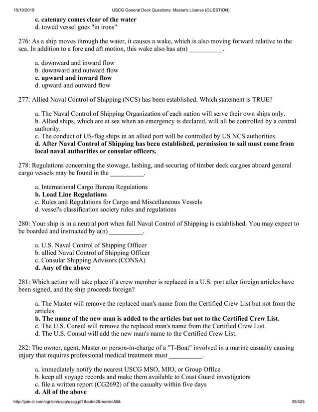 Uscg general deck questions master's license (question)`