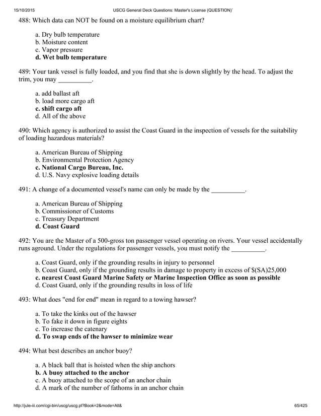 Uscg general deck questions master's license (question)`