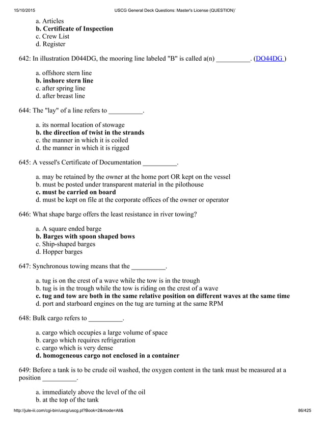 Uscg general deck questions master's license (question)`