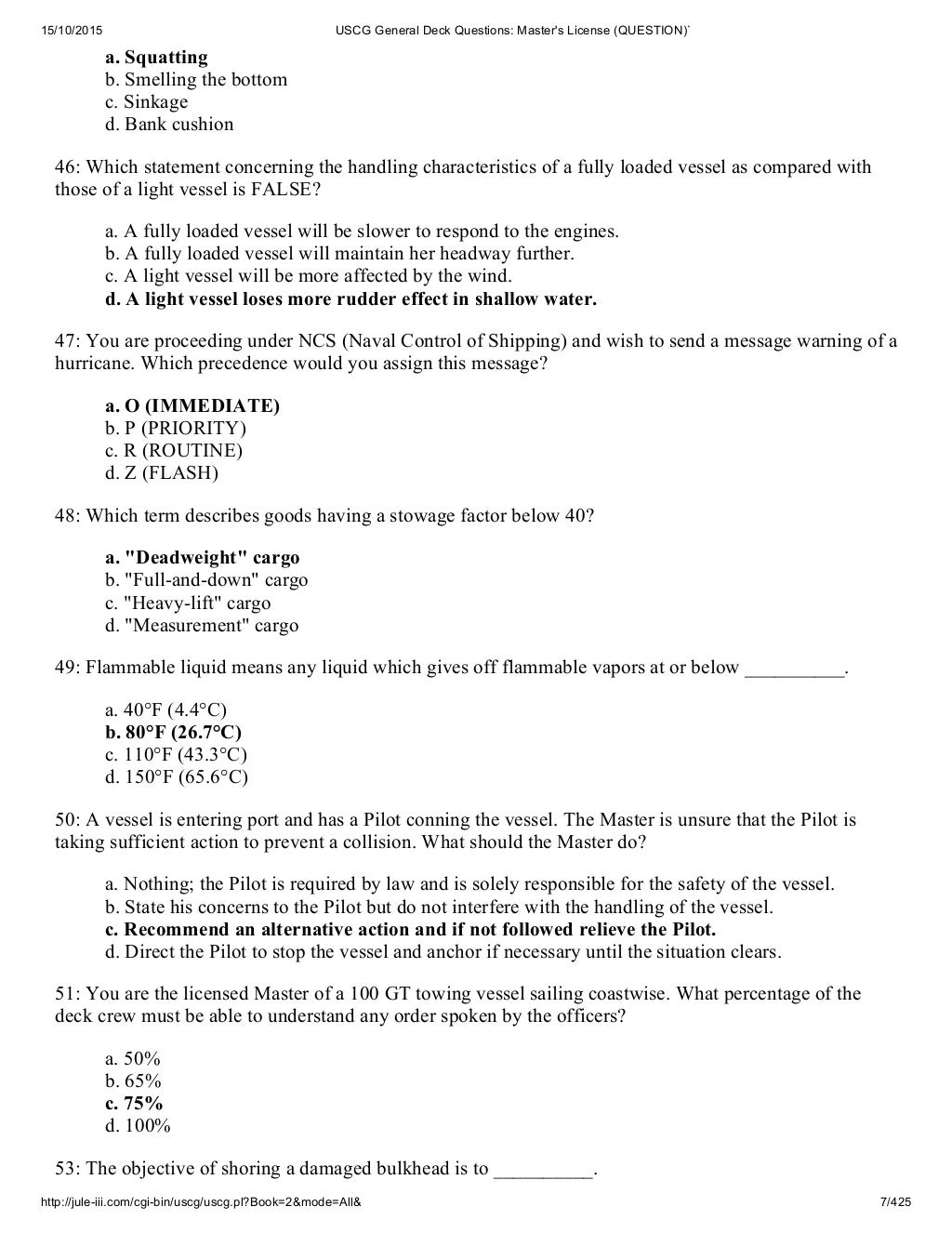 Uscg general deck questions master's license (question)`