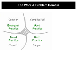 The Work & Problem Domain



Complex           Complicated

Emergent            Good
 Practice          Practice


 Novel              Best
Practice           Practice
 Chaotic            Simple
 