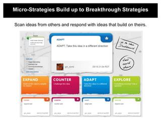 Micro-Strategies Build up to Breakthrough Strategies

Scan ideas from others and respond with ideas that build on theirs.
 