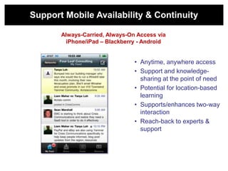 Support Mobile Availability & Continuity

       Always-Carried, Always-On Access via
         iPhone/iPad – Blackberry - Android


                                • Anytime, anywhere access
                                • Support and knowledge-
                                  sharing at the point of need
                                • Potential for location-based
                                  learning
                                • Supports/enhances two-way
                                  interaction
                                • Reach-back to experts &
                                  support
 