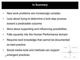 In Summary


•        New work problems are increasingly complex

•        Less about trying to determine a lock-step process
         toward a predictable outcome

•        More about supporting and influencing possibilities

•        Falls squarely into the Human Performance domain

•        Requires tacit knowledge that cannot be documented
         as best practice

•        Social media tools and methods can support

    31   emergent practices
 