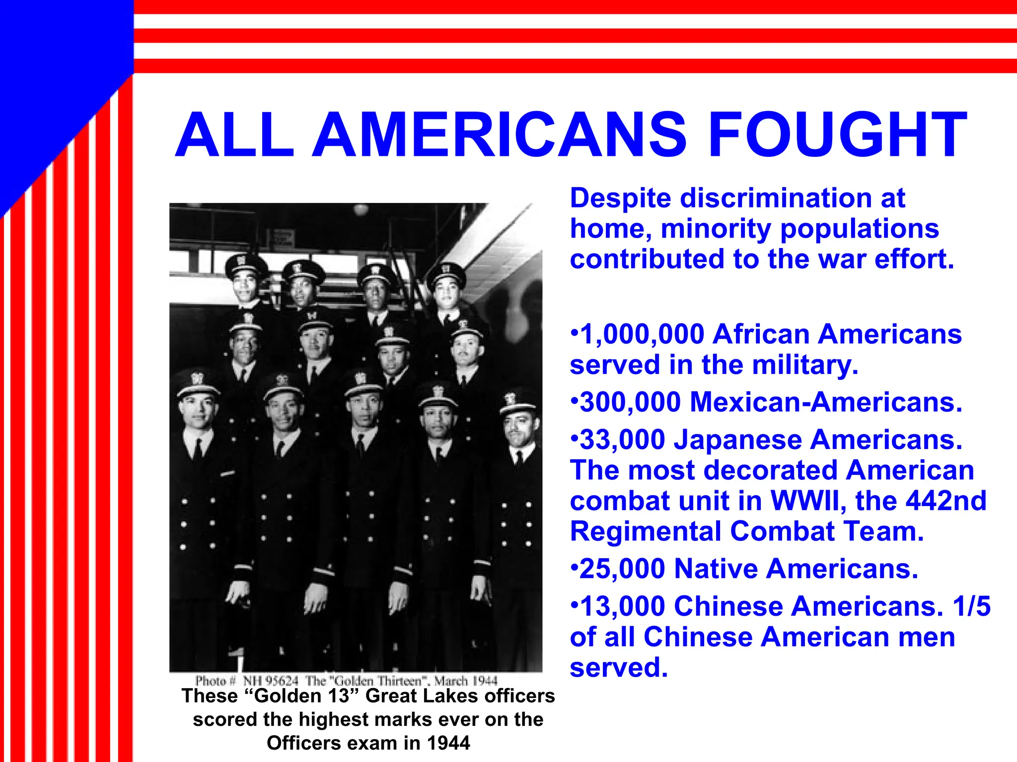 ALL AMERICANS FOUGHT
Despite discrimination at
home, minority populations
contributed to the war effort.
•1,000,000 African Americans
served in the military.
•300,000 Mexican-Americans.
•33,000 Japanese Americans.
The most decorated American
combat unit in WWII, the 442nd
Regimental Combat Team.
•25,000 Native Americans.
•13,000 Chinese Americans. 1/5
of all Chinese American men
served.
These “Golden 13” Great Lakes officers
scored the highest marks ever on the
Officers exam in 1944
 