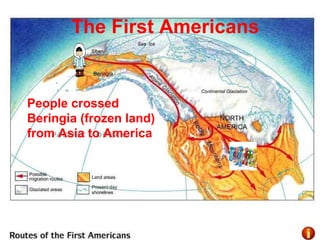 People crossed
Beringia (frozen land)
from Asia to America
The First Americans
 
