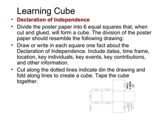 Learning Cube
• Declaration of Independence
• Divide the poster paper into 6 equal squares that, when
cut and glued, will form a cube. The division of the poster
paper should resemble the following drawing:
• Draw or write in each square one fact about the
Declaration of Independence. Include dates, time frame,
location, key individuals, key events, key contributions,
and other information.
• Cut along the dotted lines indicate din the drawing and
fold along lines to create a cube. Tape the cube
together.
 