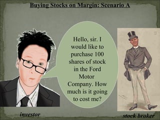 Buying Stocks on Margin: Scenario A
investor stock broker
Hello, sir. I
would like to
purchase 100
shares of stock
in the Ford
Motor
Company. How
much is it going
to cost me?
 