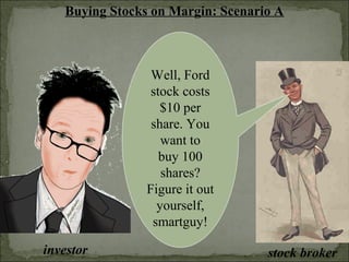 Buying Stocks on Margin: Scenario A
investor stock broker
Well, Ford
stock costs
$10 per
share. You
want to
buy 100
shares?
Figure it out
yourself,
smartguy!
 