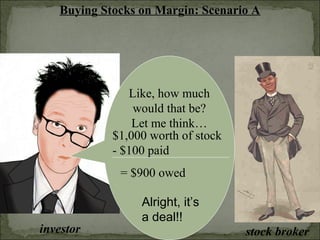 Buying Stocks on Margin: Scenario A
investor stock broker
Like, how much
would that be?
Let me think…
$1,000 worth of stock
- $100 paid
= $900 owed
Alright, it’s
a deal!!
 