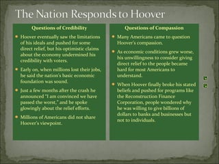 Questions of Credibility
 Hoover eventually saw the limitations
of his ideals and pushed for some
direct relief, but his optimistic claims
about the economy undermined his
credibility with voters.
 Early on, when millions lost their jobs,
he said the nation’s basic economic
foundation was sound.
 Just a few months after the crash he
announced “I am convinced we have
passed the worst,” and he spoke
glowingly about the relief efforts.
 Millions of Americans did not share
Hoover’s viewpoint.
Questions of Compassion
 Many Americans came to question
Hoover’s compassion.
 As economic conditions grew worse,
his unwillingness to consider giving
direct relief to the people became
hard for most Americans to
understand.
 When Hoover finally broke his stated
beliefs and pushed for programs like
the Reconstruction Finance
Corporation, people wondered why
he was willing to give billions of
dollars to banks and businesses but
not to individuals.
 