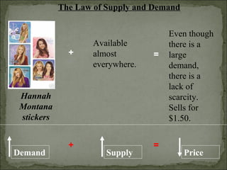 The Law of Supply and Demand
Hannah
Montana
stickers
Demand
Available
almost
everywhere.
+
+
Supply
=
=
Price
Even though
there is a
large
demand,
there is a
lack of
scarcity.
Sells for
$1.50.
 