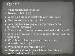 Quiz # 8
1. What branch makes the law
2. To reject a bill ( V )
3. What plan propose equal vote with one house
4. To try or to accuse means ( I )
5. For every five slaves equal 3 people became an
agreement known as
6. The division of power between national and state (F )
7. What plan propose two house representation base on
population
8. What branch has the power to declare law
unconstitutional ( J )
9. What branch interprets the law
10. To prevent abuse from each branches this was
established (C and B )

 