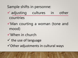 Sample shifts in personne:
 adjusting cultures in other
countries
Man courting a woman (tone and
mood)
When in church
 the use of language
Other adjustments in cultural ways
 