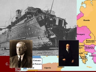 V. The War Hits HomeV. The War Hits Home
A. The British BlockadeA. The British Blockade
1.1. preventprevent GermanGerman ports from receiving war goods including foodports from receiving war goods including food
2.2. neutralneutral ports were included along with mining of theports were included along with mining of the North SeaNorth Sea
3.3. 19171917 faminefamine hit Germany and an estimated 750,000 Germanshit Germany and an estimated 750,000 Germans
starved to deathstarved to death
B. German U-Boat ResponseB. German U-Boat Response
1.1. UnterseebootUnterseeboot (submarine) was used to blockade Britain(submarine) was used to blockade Britain
2.2. rules of war one was to give warning eventually Germany wasrules of war one was to give warning eventually Germany was
forced to useforced to use unrestricted submarineunrestricted submarine warfare—sink withoutwarfare—sink without
warningwarning
3.3. May 7, 1915May 7, 1915 LusitaniaLusitania was sunk off the southern coast of Irelandwas sunk off the southern coast of Ireland
killing 1198 persons 128 Americanskilling 1198 persons 128 Americans
a. Ship carrieda. Ship carried weaponsweapons , Britain denied until the end of the war, Britain denied until the end of the war
4.4. ArabicArabic sank killing two Americanssank killing two Americans
5.5. SussexSussex killing 80 and some Americanskilling 80 and some Americans
a. Germany promised to stop unrestricted sub warfare if they coulda. Germany promised to stop unrestricted sub warfare if they could
persuade Britain to lift blockade againstpersuade Britain to lift blockade against foodfood andand fertilizersfertilizers if notif not
Germany may renew unrestricted warfareGermany may renew unrestricted warfare
C. 1916 ElectionC. 1916 Election
1.1. WilsonWilson defeated Supreme Court Justicedefeated Supreme Court Justice Charles EvansCharles Evans
HughesHughes in a very close electionin a very close election
- Two main reasons for war 1) ensure Allied repayment of debt and prevent Germany to threaten U.S. Trade
 