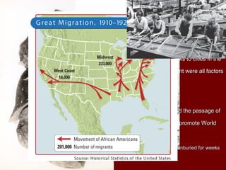 IV. The War Encourages Social ChangeIV. The War Encourages Social Change
A. African Americans and the WarA. African Americans and the War
1.1. W.E.B. Du BoisW.E.B. Du Bois believed blacks should help in the war effort, while othersbelieved blacks should help in the war effort, while others
likelike William Monroe TrotterWilliam Monroe Trotter believed blacks shouldn’t because of thebelieved blacks shouldn’t because of the
inequalitiesinequalities
2.2. mostmost African-AmericansAfrican-Americans backed the warbacked the war
B. The Great MigrationB. The Great Migration
1.1. Great MigrationGreat Migration —large-scale movement of southern blacks to cities in the—large-scale movement of southern blacks to cities in the
NorthNorth
2.2. escapeescape Jim Crow LawsJim Crow Laws, boll Weevil infestation, recruitment were all factors, boll Weevil infestation, recruitment were all factors
in the movementin the movement
3.3. overcrowding in theovercrowding in the NorthNorth increased racial tensionsincreased racial tensions
C. Women in the WarC. Women in the War
1.1. started working instarted working in malemale occupationsoccupations
2.2. volunteer forvolunteer for Red CrossRed Cross
3.3. did not getdid not get equalequal pay for equal work but involvement helped the passage ofpay for equal work but involvement helped the passage of
women’s suffragewomen’s suffrage
4.4. Jane AddamsJane Addams founded Women’s Peace Party in 1915 to promote Worldfounded Women’s Peace Party in 1915 to promote World
PeacePeace
D. The Flu EpidemicD. The Flu Epidemic
1.1. ¼ of U.S.¼ of U.S. populationpopulation affectedaffected
2.2. economy shut down, sporting events cancelled, poor people were unburied for weekseconomy shut down, sporting events cancelled, poor people were unburied for weeks
and coffins were in short supply (aboutand coffins were in short supply (about 500,000500,000 Americans died)Americans died)
3.3. over ¼ of soldiers were sickover ¼ of soldiers were sick
4.4. 30 million30 million died worldwidedied worldwide
 