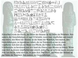 Erleuchtet werde der Osiris, der Hörer der Stimme an der Stätte der Wahrheit, Sen-
nudem, der Gerechtfertigte; er sagt: O Schabti, wenn man verpﬂichtet und einteilt
den Osiris, den Hörer der Stimme an der Stätte der Wahrheit, Sen-nudem, den
Gerechtfertigten, zu irgendeiner Arbeit, die im Totenreich zu tun ist, dann
verpﬂichte dich dort als ein Mann von Pﬂicht, die Felder zu bestellen, die
Uferbereiche zu bewässern und den Sand des Ostens zum Westen zu führen. Wenn
man dich zu diesem verpﬂichtet und einteilt, jeden Tag, so sollst du sagen, zu jeder
Zeit: Ich bin es, siehe mich da, zu jeder Zeit. Der Osiris, der Hörer der Stimme an
der Stätte der Wahrheit, Sen-nudem, der Gerechtfertigte	

 