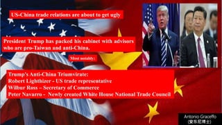 Trump's Anti-China Triumvirate:
Robert Lighthizer - US trade representative
Wilbur Ross – Secretary of Commerce
Peter Navarro - Newly created White House National Trade Council
US-China trade relations are about to get ugly
President Trump has packed his cabinet with advisors
who are pro-Taiwan and anti-China.
Antonio Graceffo
(安东尼博士))
Most notably:
 