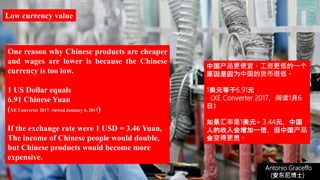 (安东尼博士))
Antonio Graceffo
(安东尼博士))
One reason why Chinese products are cheaper
and wages are lower is because the Chinese
currency is too low.
1 US Dollar equals
6.91 Chinese Yuan
(XE Converter 2017, viewed January 6, 2017)
If the exchange rate were 1 USD = 3.46 Yuan,
The income of Chinese people would double,
but Chinese products would become more
expensive.
Low currency value
中国产品更便宜，工资更低的一个
原因是因为中国的货币很低。
1美元等于6.91元
（XE Converter 2017，阅读1月6
日）
如果汇率是1美元= 3.44元，中国
人的收入会增加一倍，但中国产品
会变得更贵。
 