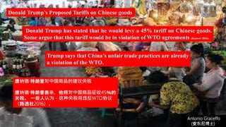 (安东尼博士))
Antonio Graceffo
(安东尼博士))
Donald Trump has stated that he would levy a 45% tariff on Chinese goods.
Some argue that this tariff would be in violation of WTO agreements (Reuters 2016).
Donald Trump’s Proposed Tariffs on Chinese goods
唐纳德·特朗普对中国商品的建议关税
唐纳德·特朗普表示，他将对中国商品征收45％的
关税。 一些人认为，这种关税将违反WTO协议
（路透社2016）。
Trump says that China’s unfair trade practices are already
a violation of the WTO.
 