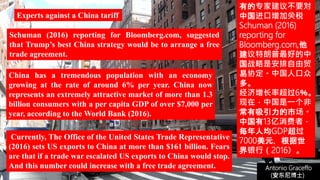 (安东尼博士))
Antonio Graceffo
(安东尼博士))
Currently, The Office of the United States Trade Representative
(2016) sets US exports to China at more than $161 billion. Fears
are that if a trade war escalated US exports to China would stop.
And this number could increase with a free trade agreement.
Experts against a China tariff
Schuman (2016) reporting for Bloomberg.com, suggested
that Trump’s best China strategy would be to arrange a free
trade agreement.
China has a tremendous population with an economy
growing at the rate of around 6% per year. China now
represents an extremely attractive market of more than 1.3
billion consumers with a per capita GDP of over $7,000 per
year, according to the World Bank (2016).
有的专家建议不要对
中国进口增加关税
Schuman (2016)
reporting for
Bloomberg.com,他
建议特朗普最好的中
国战略是安排自由贸
易协定。中国人口众
多。
经济增长率超过6％。
现在，中国是一个非
常有吸引力的市场。
中国有13亿消费者，
每年人均GDP超过
7000美元，根据世
界银行（2016）。
 