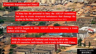 Antonio Graceffo
(安东尼博士))
Since ACFTA began in 2010, ASEAN has been running a trade
deficit with China.
“China has the potential to buoy the ASEAN economies,
but also to create structural imbalances that damage the
region in the long run.” (Salidjanova and Koch-Weser 2015)
Economic dependence on China?
With the exception of Thailand and Malaysia, all of the
ASEAN countries, individually, run a trade deficit with China.
 