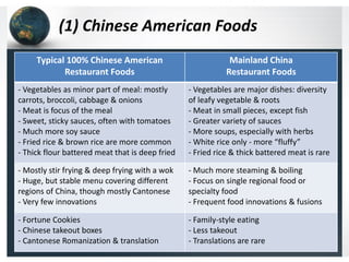 (1) Chinese American Foods
Typical 100% Chinese American
Restaurant Foods

Mainland China
Restaurant Foods

- Vegetables as minor part of meal: mostly
carrots, broccoli, cabbage & onions
- Meat is focus of the meal
- Sweet, sticky sauces, often with tomatoes
- Much more soy sauce
- Fried rice & brown rice are more common
- Thick flour battered meat that is deep fried

- Vegetables are major dishes: diversity
of leafy vegetable & roots
- Meat in small pieces, except fish
- Greater variety of sauces
- More soups, especially with herbs
- White rice only - more “fluffy”
- Fried rice & thick battered meat is rare

- Mostly stir frying & deep frying with a wok
- Huge, but stable menu covering different
regions of China, though mostly Cantonese
- Very few innovations

- Much more steaming & boiling
- Focus on single regional food or
specialty food
- Frequent food innovations & fusions

- Fortune Cookies
- Chinese takeout boxes
- Cantonese Romanization & translation

- Family-style eating
- Less takeout
- Translations are rare

 
