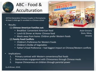ABC - Food &
Acculturation
- 20 First Generation Chinese Couples in Pennsylvania
- At least 1 child age 5+ enrolled in a Chinese school

•

Results:
(1) Chinese American Families eat:
Asian Grocery
• Breakfast: Convenient American food
Store, Mesa,
• Lunch & Dinner at Home: Chinese food
Arizona
• Meals away from home: Children prefer Western foods
(2) Family Food Conﬂicts
• Children’s Preference for Western Foods
• Children’s Dislike of Vegetables
• Father’s Food Preference – had biggest impact on Chinese/Western conflicts

•

Implications:
1. Primary contrast with Western convenience/fast foods
2. Demonstrate engagement with Chineseness through Chinese meals
3. Impose Chineseness on children through parental power

(Lu & Brown, 2010)

 