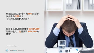 65歲以上的人群中，有65%以社會
安全金為主要收入
（平均為每月$1,176）*
如果要以2%的利息獲得每月$1,000
的額外收入，您需要有$600,000的
積蓄*
*www.socialsecurity.gov
 