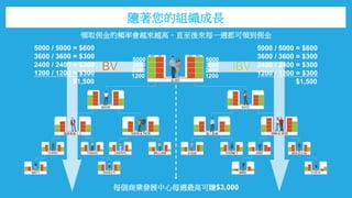 50005000
1200
5000 / 5000 = $600
3600 / 3600 = $300
2400 / 2400 = $300
1200 / 1200 = $300
$1,500
5000 / 5000 = $600
3600 / 3600 = $300
2400 / 2400 = $300
1200 / 1200 = $300
$1,500
1200
2400 2400
3600 3600
每個商業發展中心每週最高可賺$3,000
領取佣金的頻率會越來越高，直至後來每一週都可領到佣金
隨著您的組織成長
 