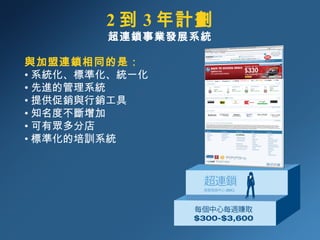 2 到 3 年計劃 與加盟連鎖相同的是： • 系統化、標準化、統一化   • 先進的管理系統  • 提供促銷與行銷工具  • 知名度不斷增加  • 可有眾多分店  • 標準化的 培訓 系統 超連鎖事業發展系統 