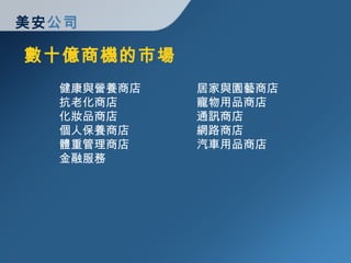數十億商機的市場 美安 公司 健康與營養商店 抗老化商店 化妝品商店 個人保養商店 體重管理商店 金融服務 居家與園藝商店 寵物用品商店 通訊商店   網路商店 汽車用品商店 